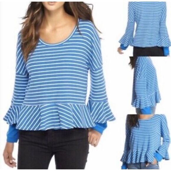 FREE PEOPLE Roundabout Blue White Nautical Henley Peplum Tee Size Medium - Picture 2 of 8